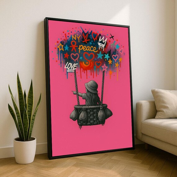 Colorful Urban Street Art Girl Canvas Wall Print Playful Living Room Decor Statement Piece