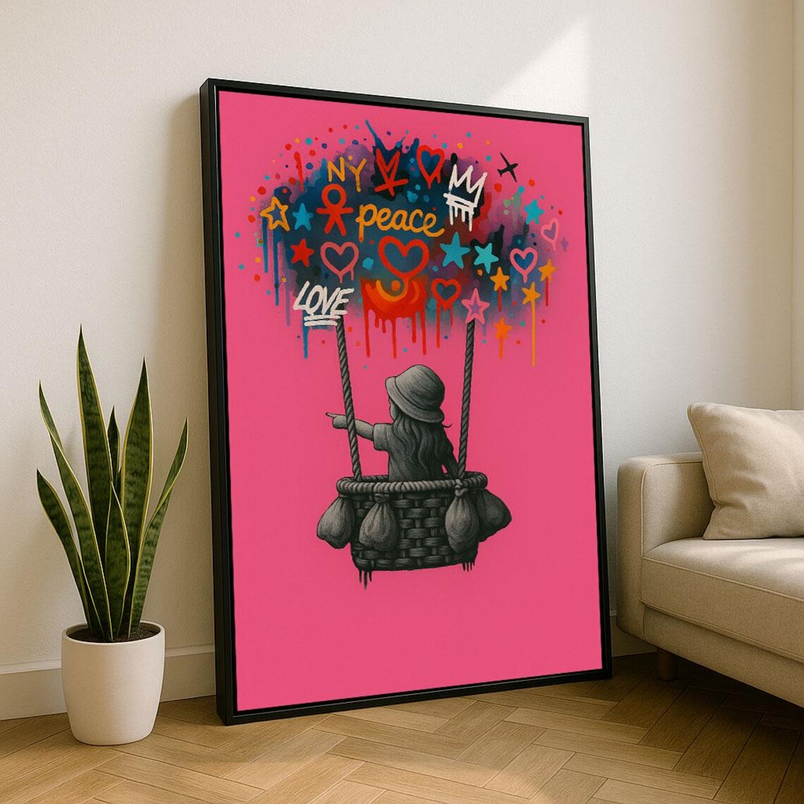 Playful Child Hot Air Balloon Graffiti Love Peace Pink Pop Art Poster