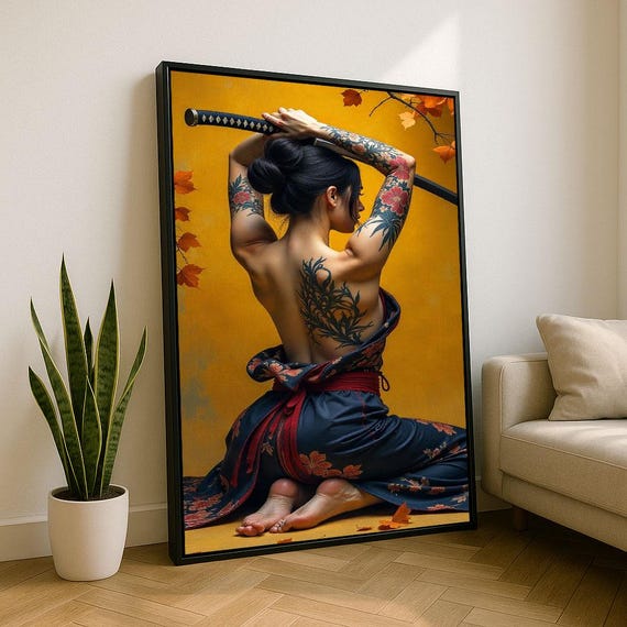 Elegant Japanese Woman With Katana Canvas Wall Art Print Bold Modern Bedroom Decor Statement Piece