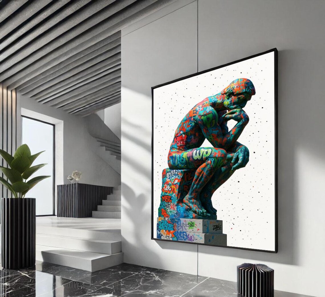 Graffiti Thinker Statue Colorful Street Art Reimagining Poster