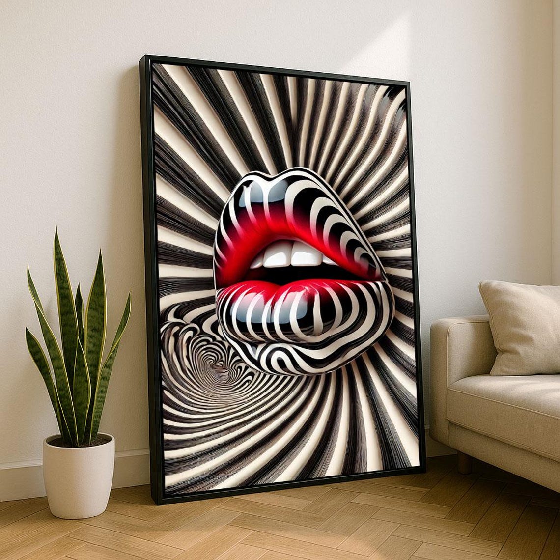 Psychedelic Zebra Stripe Lips Op Art Swirl Modern Wall Poster