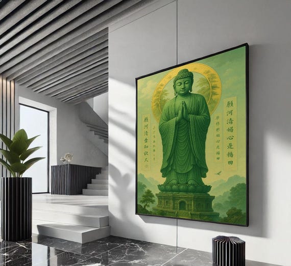Green Buddha Statue Prayer Pose With Chinese Calligraphy Poster