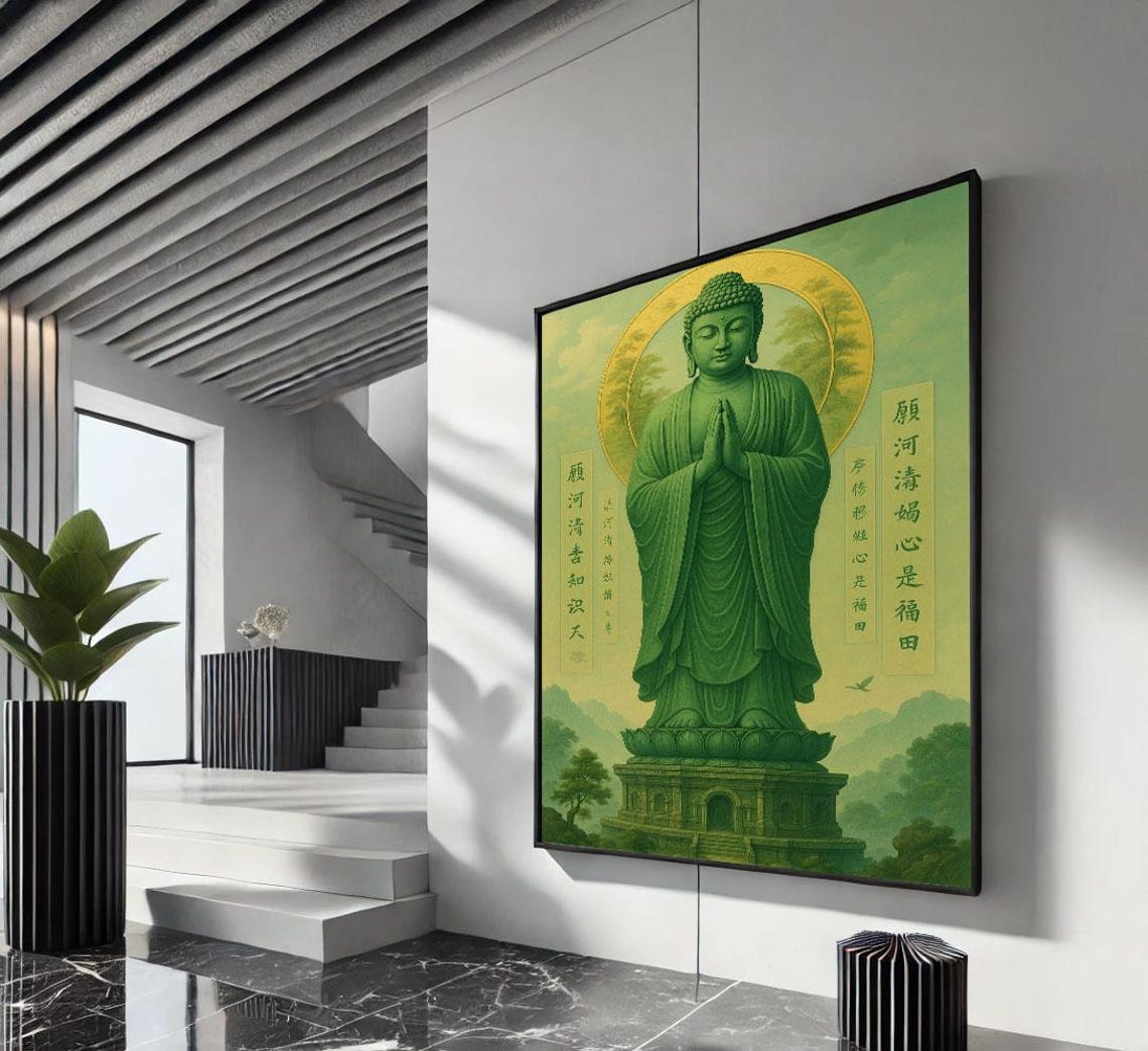 Green Buddha Statue Prayer Pose With Chinese Calligraphy Poster