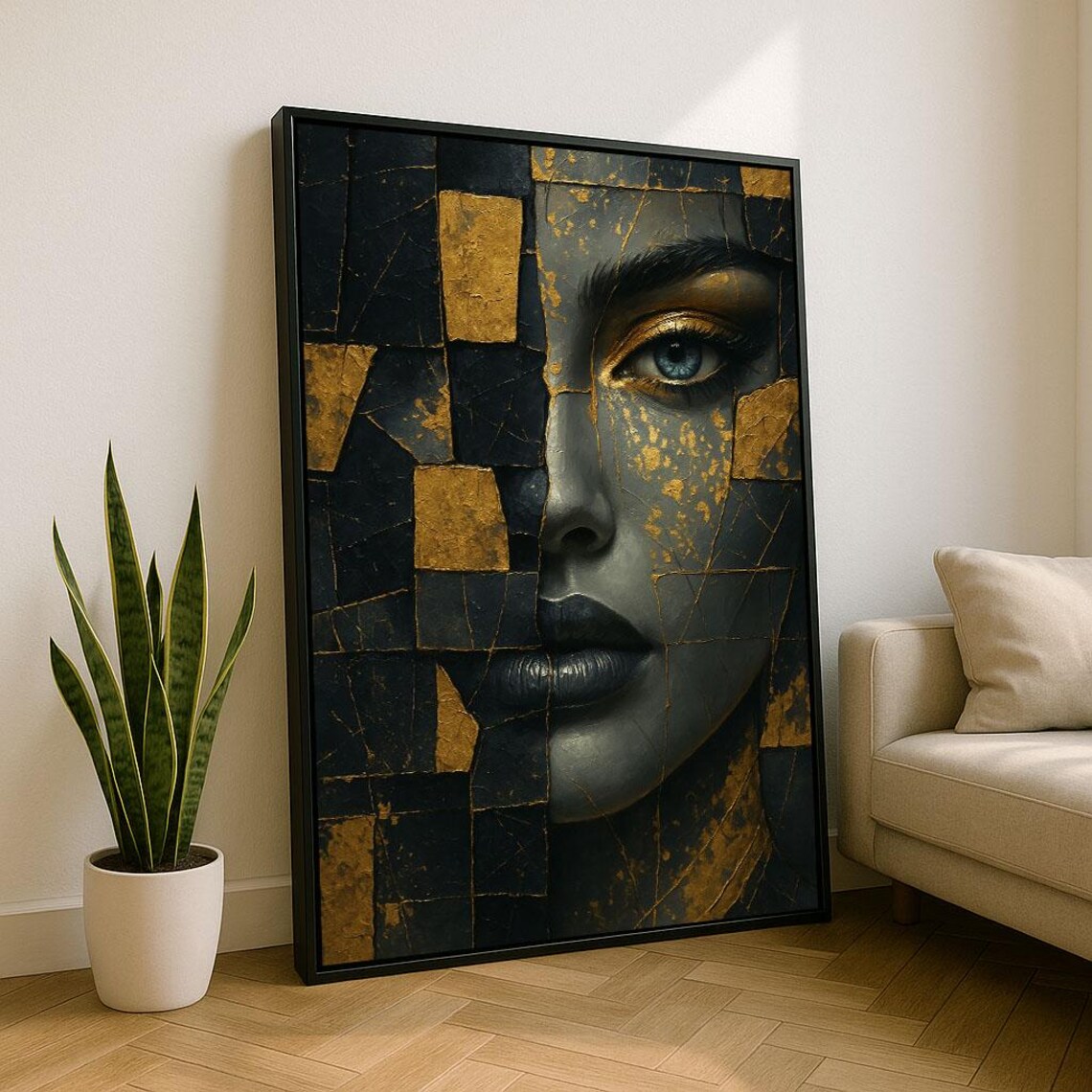 Elegant Abstract Gold Black Woman Portrait Mosaic Modern Art Poster