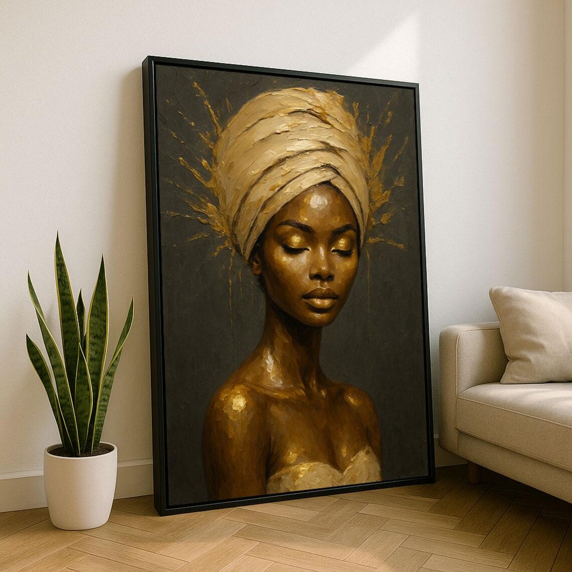 Elegant Golden African Woman With Headwrap Dark Oil Painting Poster