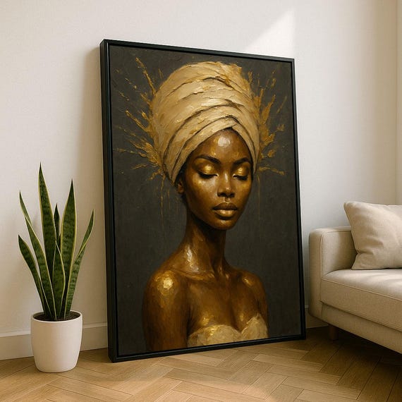 Elegant African Woman Portrait Canvas Wall Art Print Gold Tones Living Room Decor Statement Piece