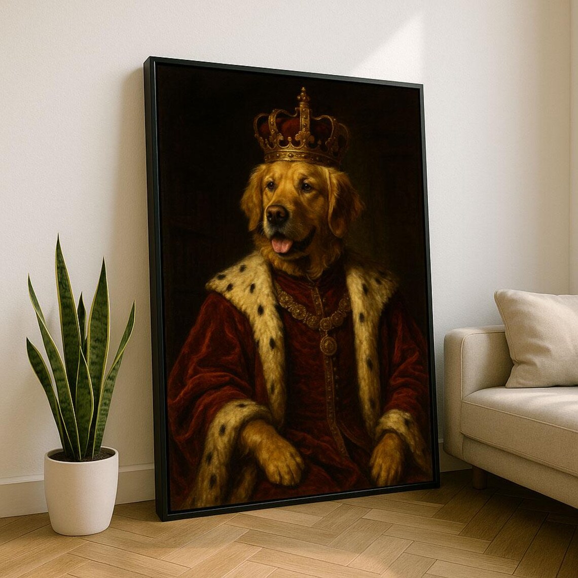 Golden Retriever King Portrait Crown Royal Robe Funny Poster