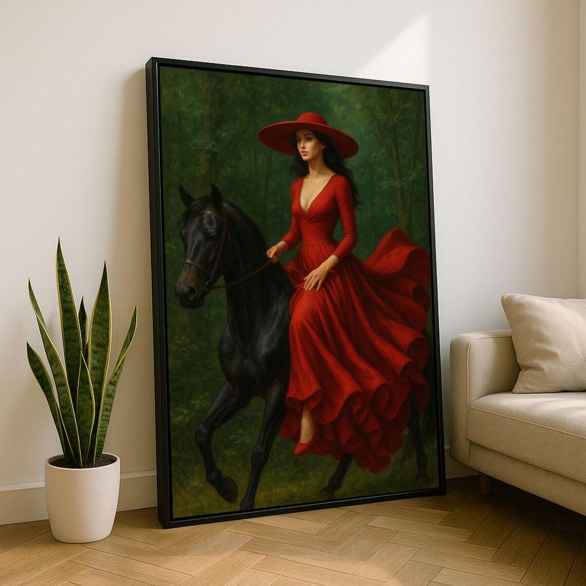 Elegant Lady in Red Dress Riding Black Horse Forest Art Poster