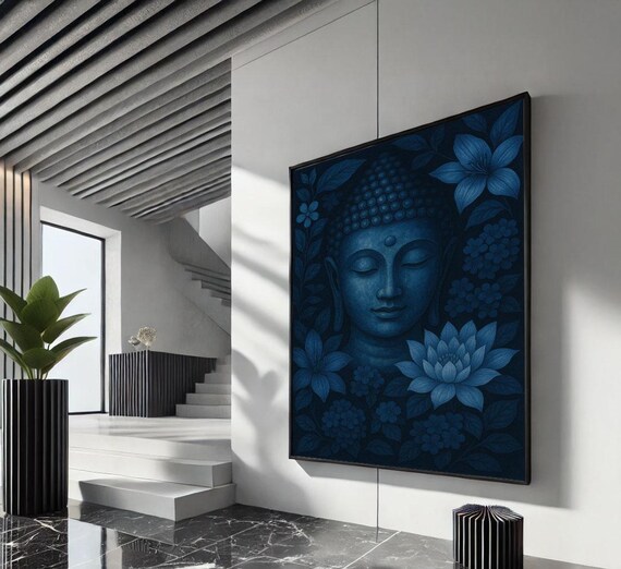 Deep Blue Buddha Portrait With Blue Lotus Flowers Zen Poster