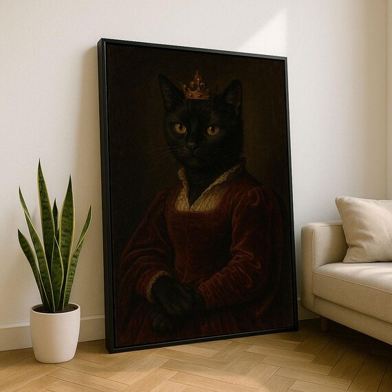 Regal Black Cat Wearing a Crown in Vintage Royal Portrait Poster