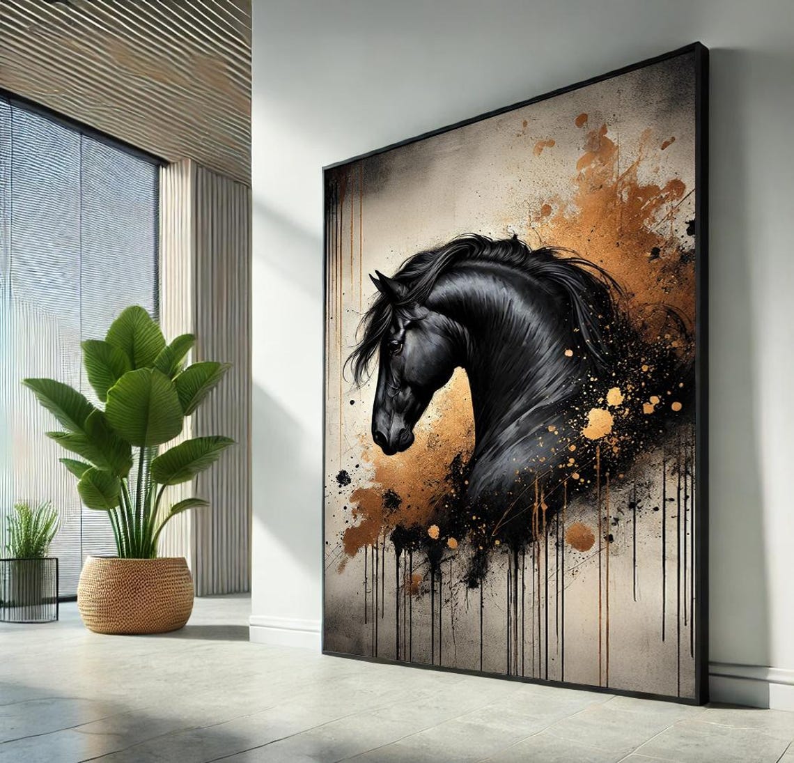 Black Horse with Gold Splashes and Drips Modern Animal Art Poster