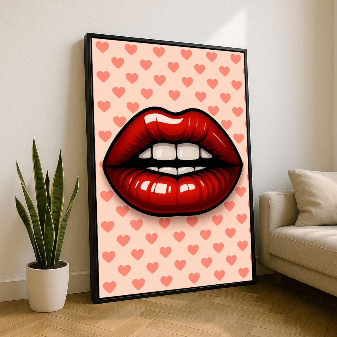 Pop Art Glossy Red Lips over Pink Heart Pattern Retro Love Wall Poster