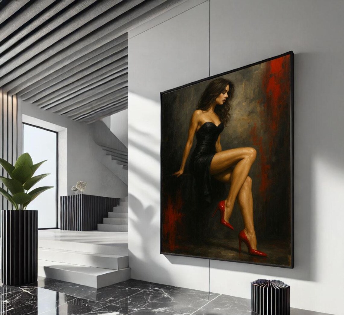 Glamour Elegant Woman In Black Dress With Red Heels Moody Art Poster
