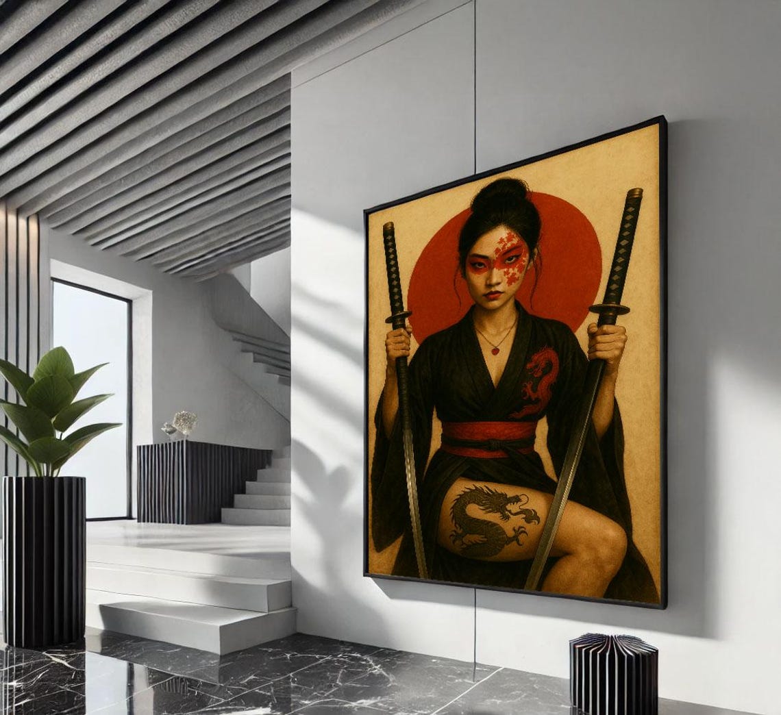 Fierce Samurai Woman With Dual Katanas And Burning Red Sun Poster