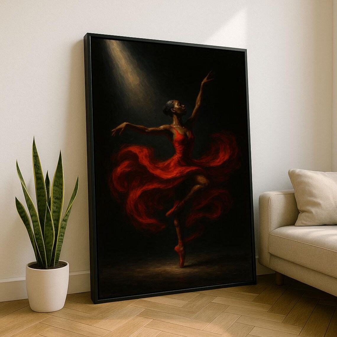 Elegant Black Ballerina In Flowing Red Dress Spotlight Dance Poster