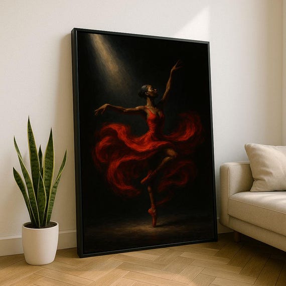 Elegant Black Ballerina In Red Dress Canvas Wall Art Print Dramatic Living Room Decor Statement Piece