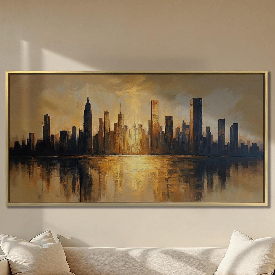 Golden Sunset City Skyline with Water Reflection Urban Art Poster