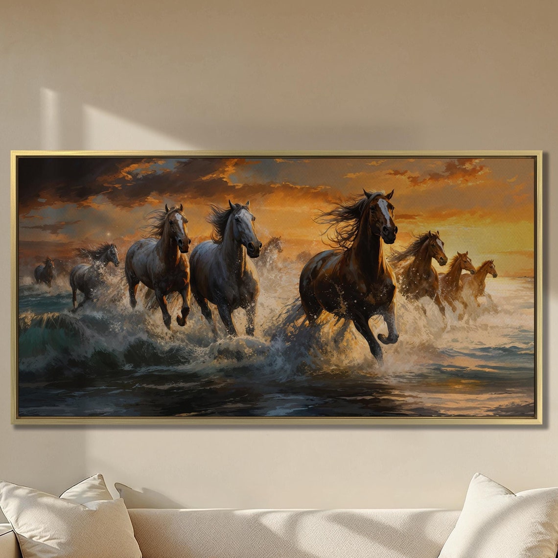 Horses Running Through Ocean Waves Golden Sunset Large Wall Art