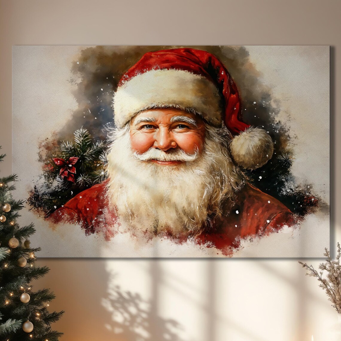 Smiling Santa Claus Watercolor Portrait Christmas Holiday Poster
