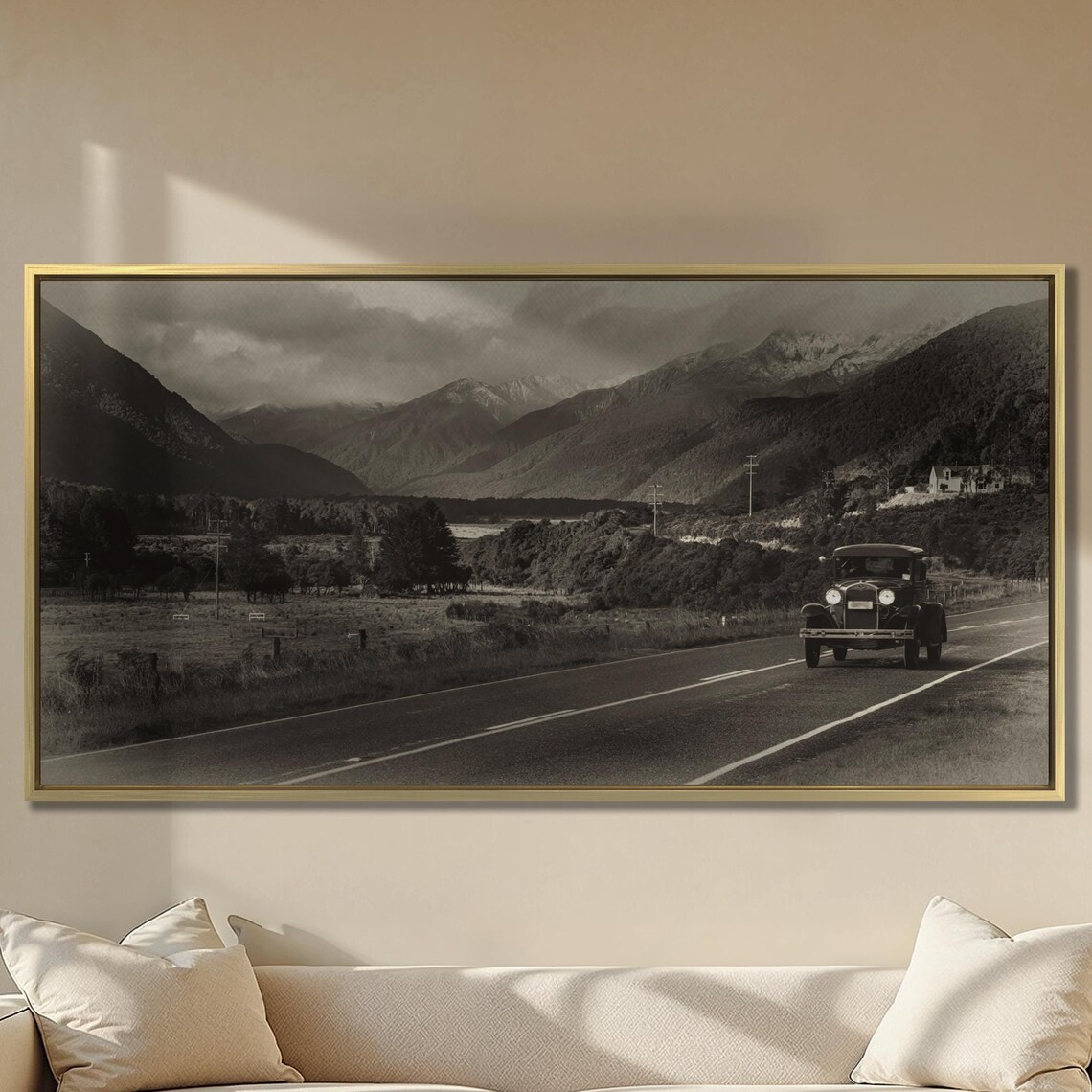 Classic Vintage Car on Mountain Highway Black White Panoramic Poster
