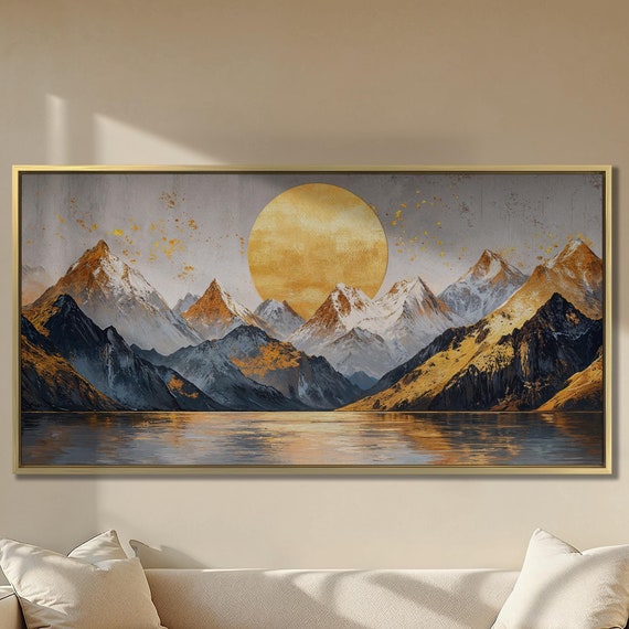 Golden Sun And Mountain Landscape Wall Art Snow Capped Mountains Painting Print Abstract Wall Decor Nature Poster Ready To Hang Gift