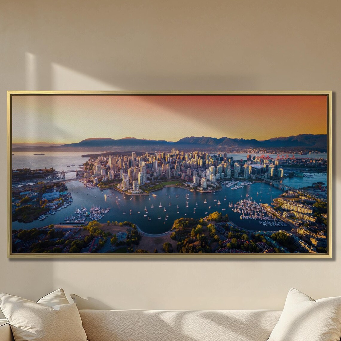 Vancouver Sunset Aerial City Skyline Canada Waterfront Travel Wall Art