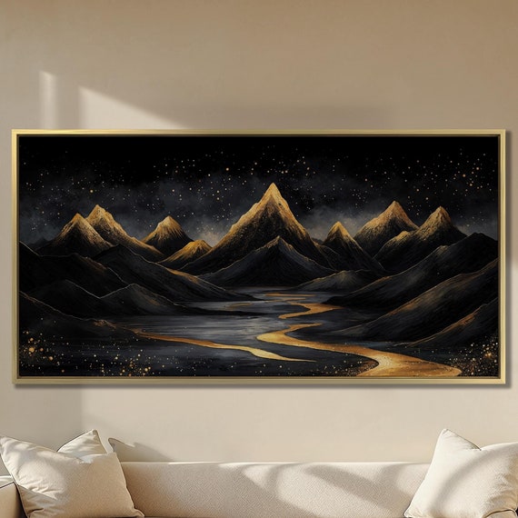 Night Mountain Landscape Wall Art Golden Stars And River Painting Print Large Modern Wall Decor Mystical Nature Poster Ready To Hang