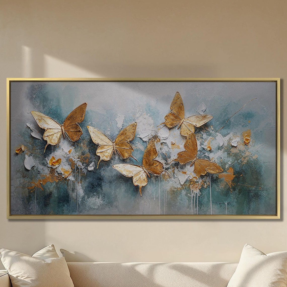 Golden Butterflies 3D Effect Teal Textured Abstract Wall Art