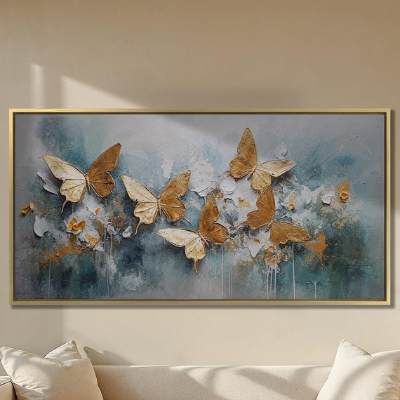 Abstract Decor Gold Butterflies Oil Painting Print Butterfly Textured Wall Art Creative 3d Art Perfect For Kitchen Decor