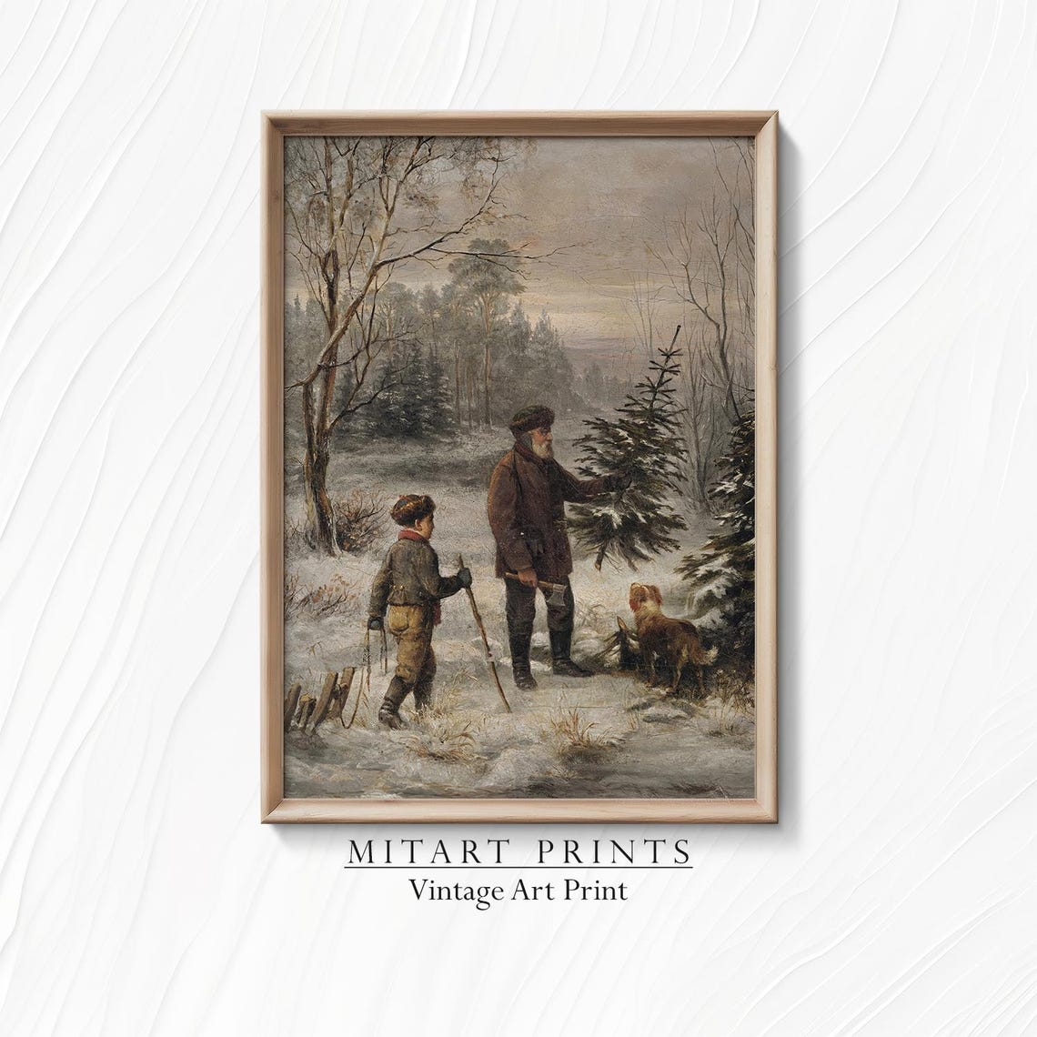 Father and Son Cutting Christmas Tree in Snow Vintage Art Print