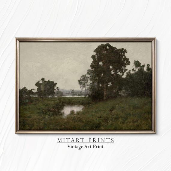 Moody European Landscape Painting Vintage Landscape Art Print Dark Green Landscape Wall Art 24 42