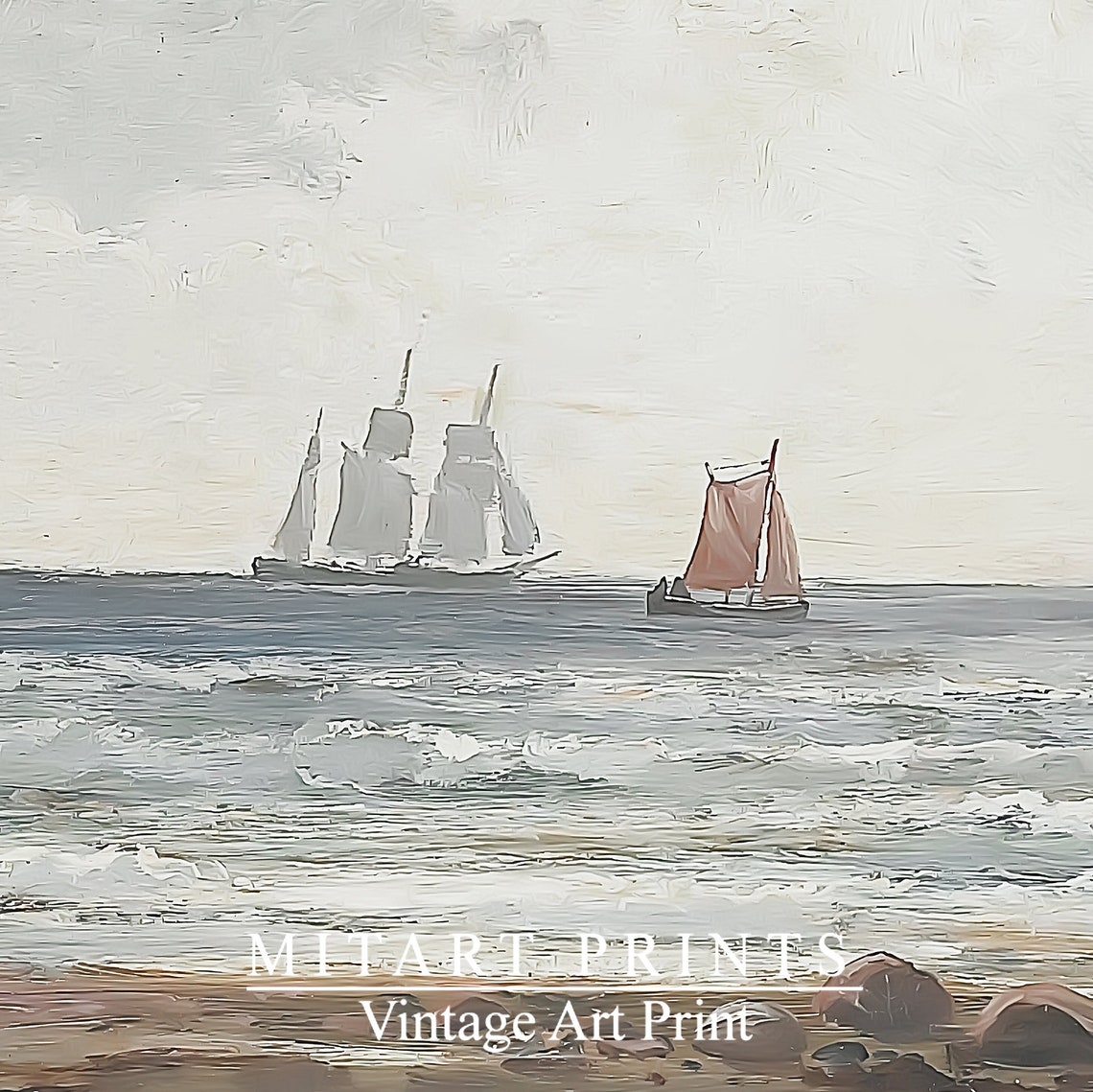Vintage Sailboat Seascape Cloudy Sky Gray Ocean Oil Painting Poster - Image 4