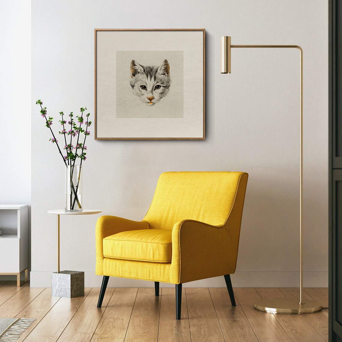 Vintage Tabby Kitten Face Drawing Minimalist Cat Head Art Poster - Image 2