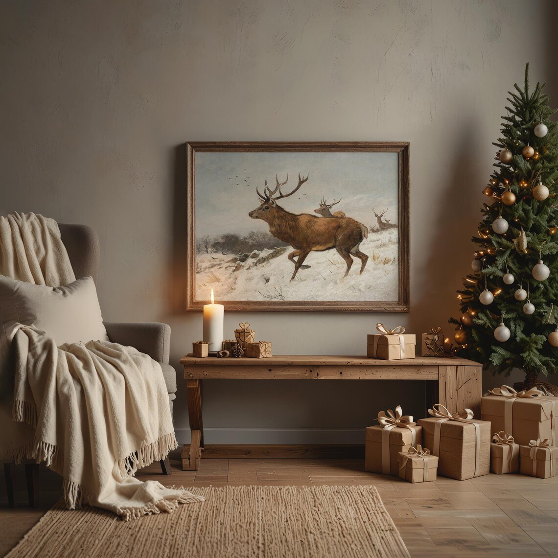 Vintage Red Deer Stags in Snowy Field Winter Wildlife Art Print - Image 2