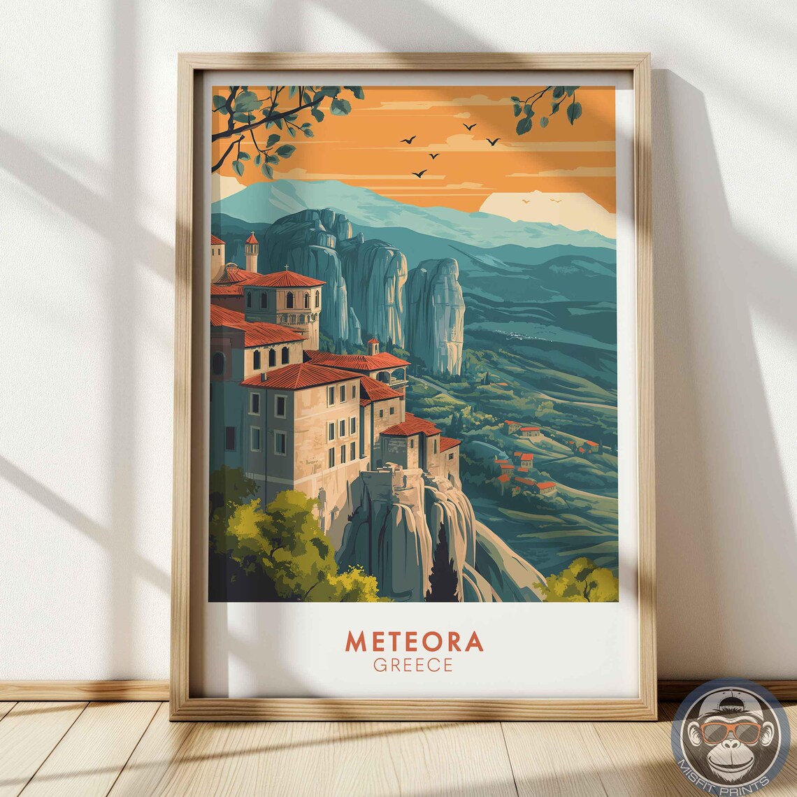 Meteora Greece Travel Poster, Mountain Landscape