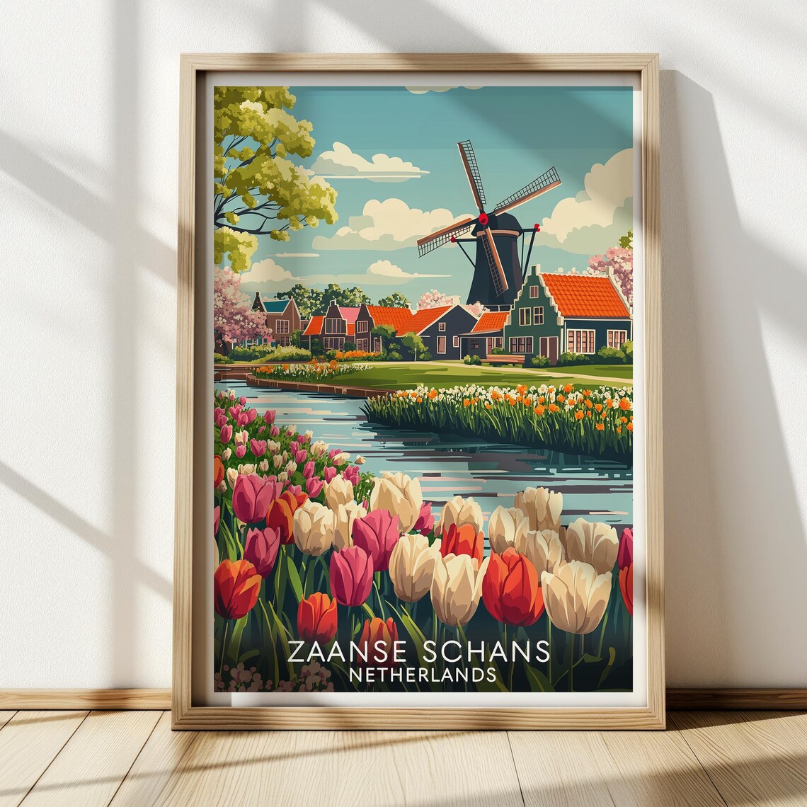 Zaanse Schans Windmill Tulip Field Travel Poster