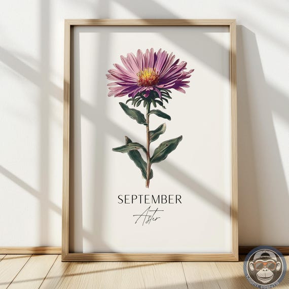 September Aster Botanical Art Print, Vintage Floral
