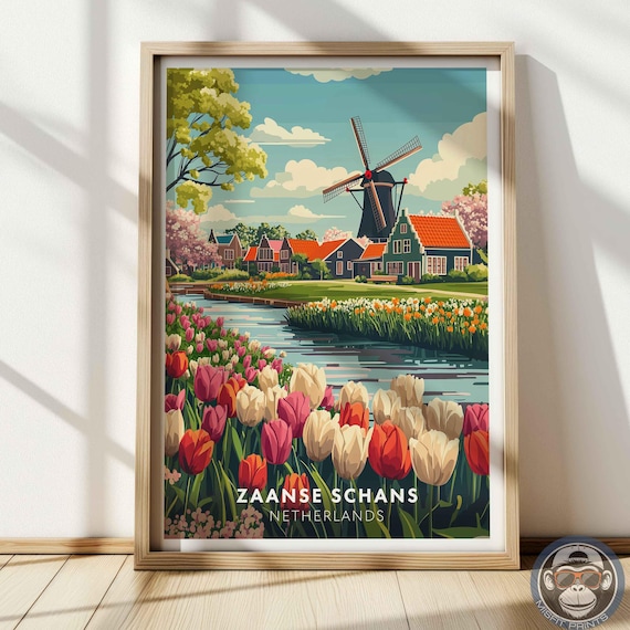 Zaanse Schans Netherlands Tulip Fields Windmill Canal Spring Travel Poster
