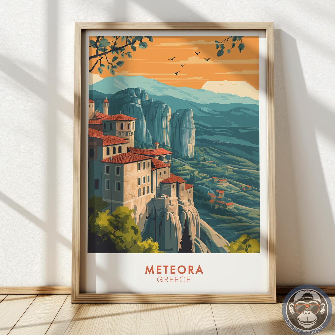 Meteora Greece Monastery Cliffs Sunset Vintage Travel Poster
