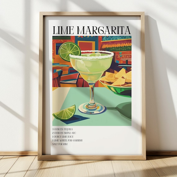 Lime Margarita Cocktail Recipe Retro Bar Cart Kitchen Art Poster