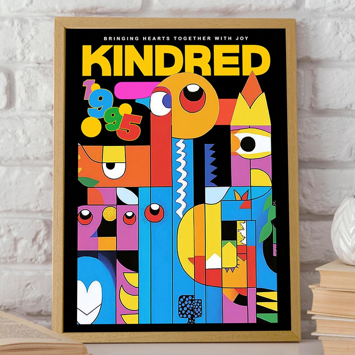 Kindred 1995 Bold Black Geometric Faces Abstract Hearts Poster - Image 2