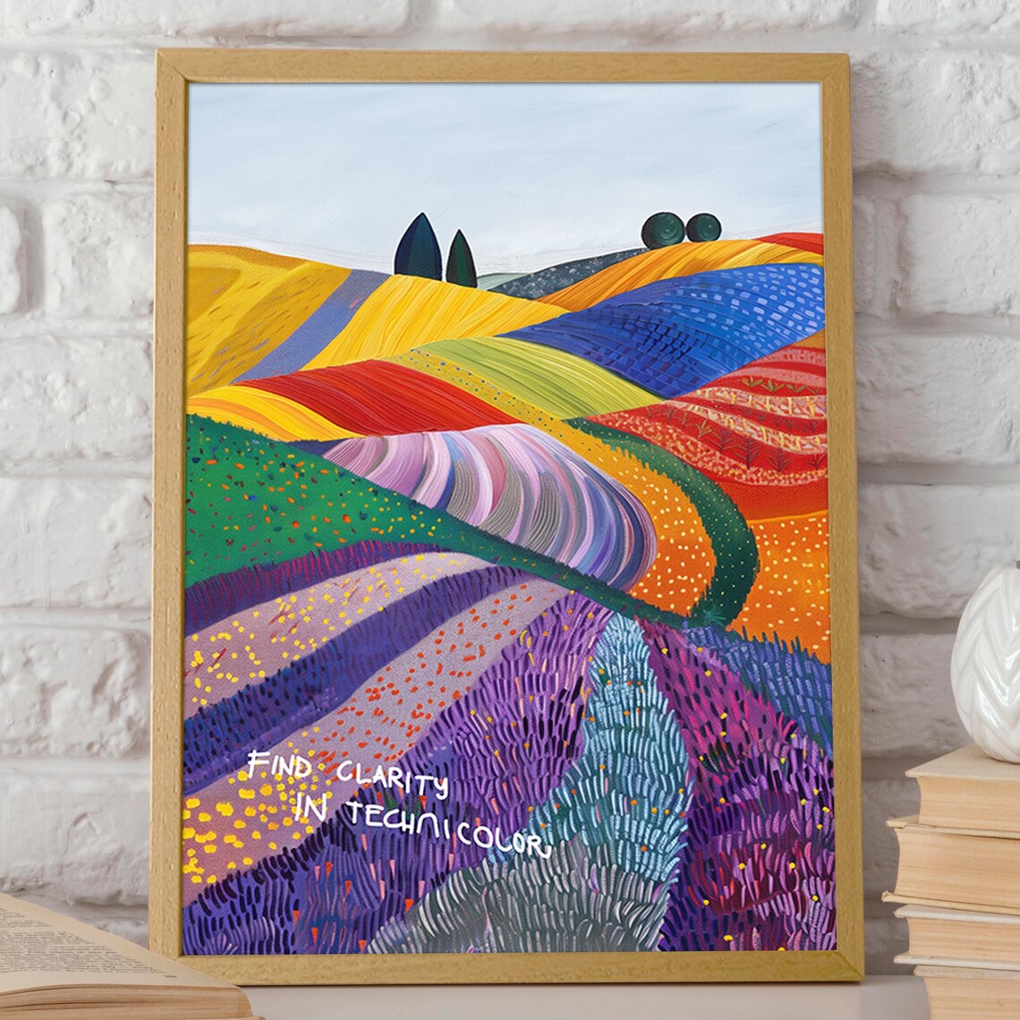 Find Clarity in Technicolor Rainbow Hills Landscape Art Poster - Image 2