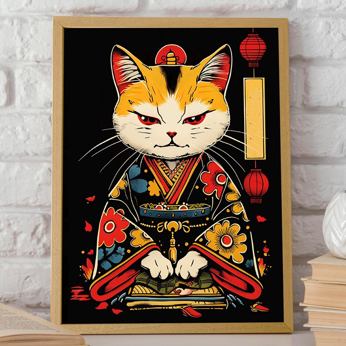 Japanese Cat in Floral Kimono Bold Graphic Art on Black Poster - Image 2