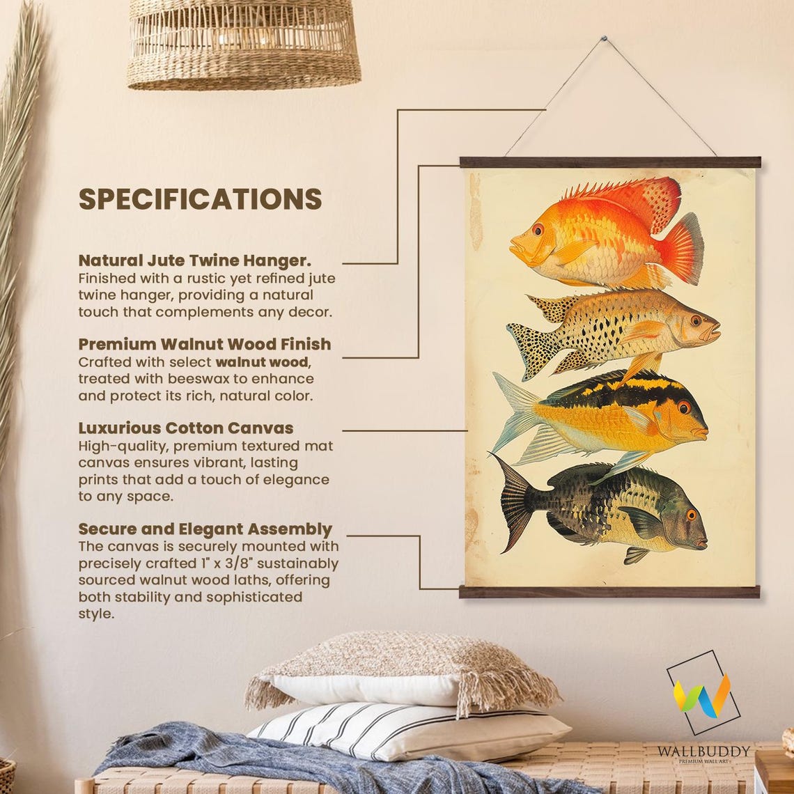 Fish Illustration Wall Hanging Coastal Nautical Art Decor Printed On Premium With Real Walnut Wooden Hangers - Image 2