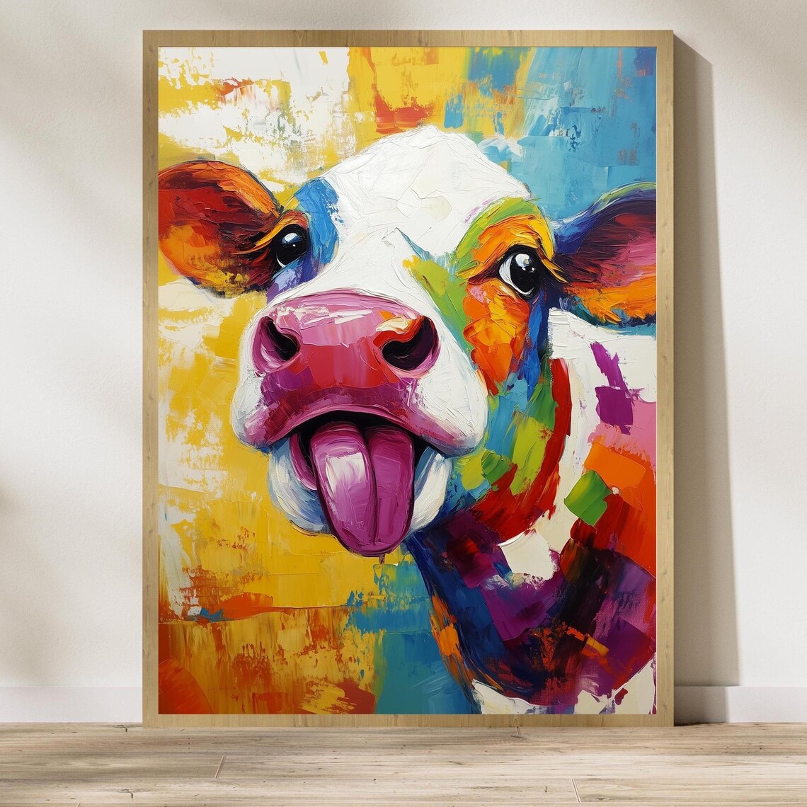 Colorful Cow Abstract Poster Playful Tongue Out Multicolor Face Art