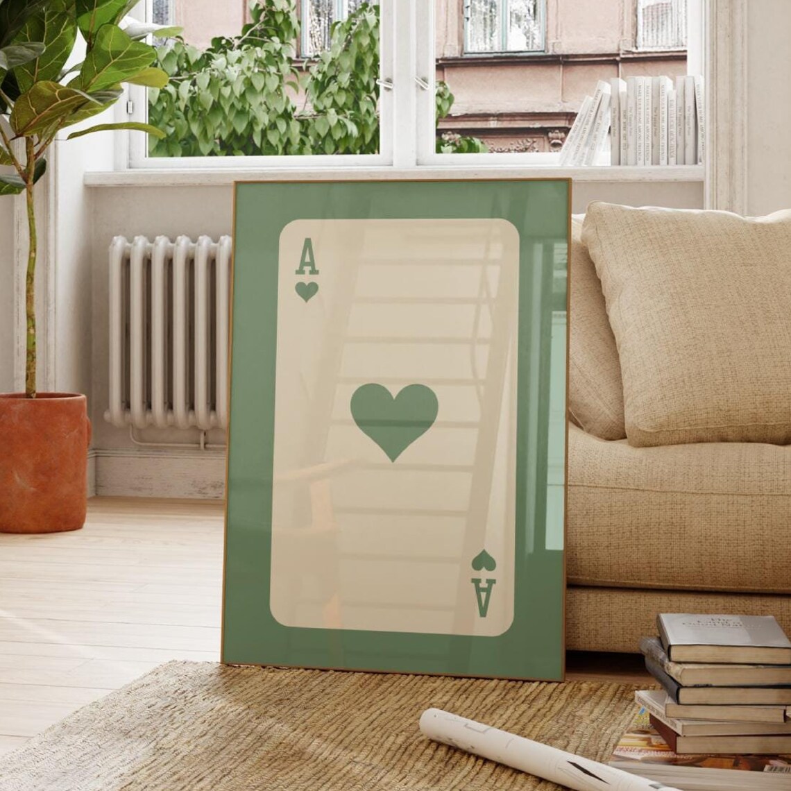 Ace of Hearts Sage Green Border Retro Playing Card Art Poster