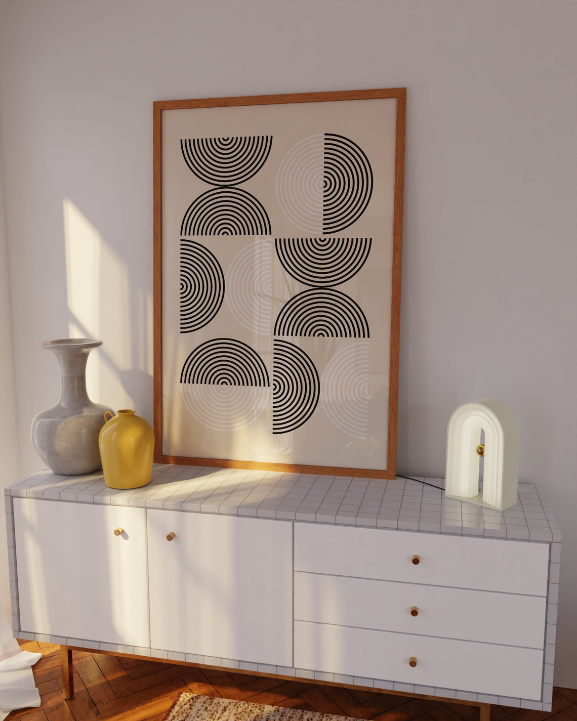 Mid Century Modern Bauhaus Semicircle Grid Black Beige Wall Poster - Image 3