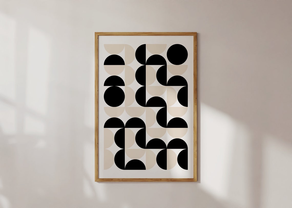 Black Beige Half Circle Pattern Grid Mid Century Modern Poster