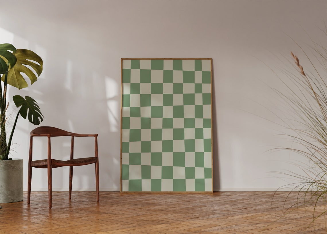 Sage Green White Checkerboard Fresh Airy Retro Pattern Art Poster - Image 4
