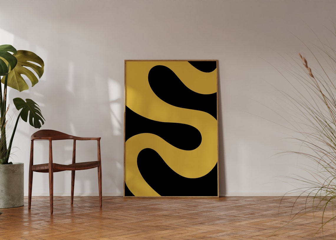 Black And Mustard Yellow Wavy Curves Bold Modern Abstract Poster - Image 4